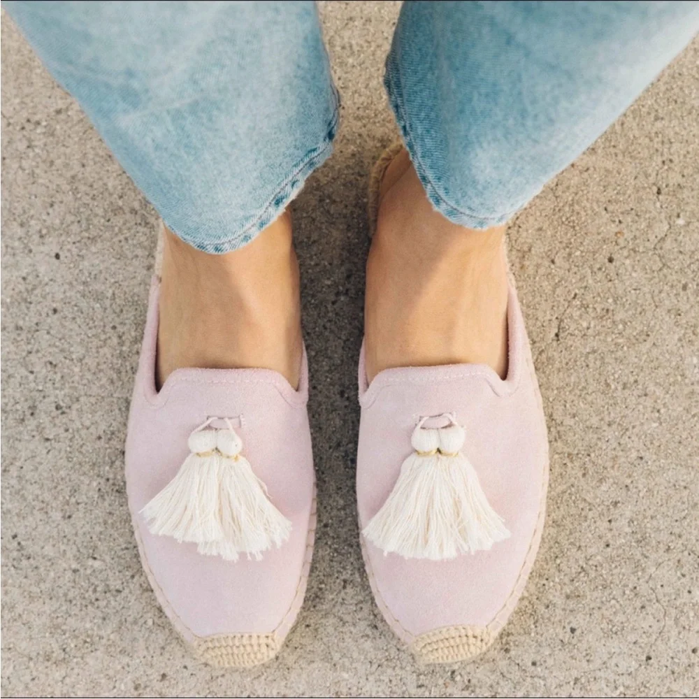 Soludos Peony Pink Suede Tassel Espadrille Mule Slip-On Flats Sandals 7